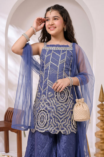 Girls Navy Blue Silk Blend Sequin Cut Work Embroidered Kurta, Flared Palazzo And Top Inner With Dupatta Set For Festival Outfit