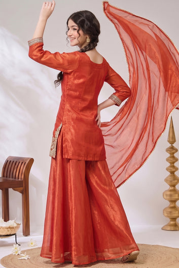Girls Rust Embroidered Kurta and Palazzo With Dupatta For Festive wear