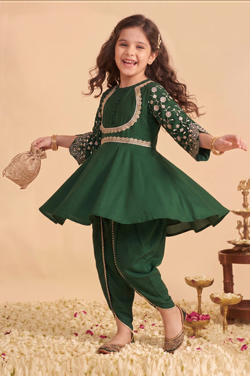 Girls Bottle Green Roman Silk kurta Dhoti Pant Set Ethnic Wear