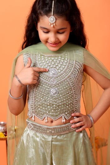 Girls Light Green Silk Blend Bead Embroidered Top, Flared Palazzo With Dupatta Set