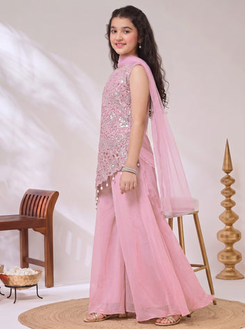 Girls Light pink Georgette Sequin Embroidered Cut Work Top and Palazzo With Dupatta Set Traditional Outfit For Girls
