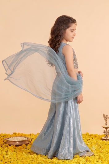 Baby Blue Silk Blend Embroidered Scalloped Hem Top and Flared Palazzo with Dupatta Set