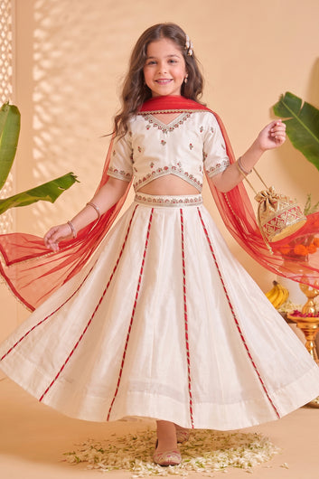 Girls Off White Roman Silk Embroidered Lehenga Choli With Dupatta Set Traditional 3-Piece Festive Outfit for Kids