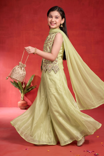 Girls Lemon Silk Blend Top And Palazzo With Dupatta For Indo-Western Set