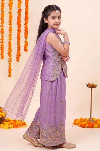 Girls Purple Silk Blend Embroidered Top and Palazzo With Dupatta Fusion Party Wear