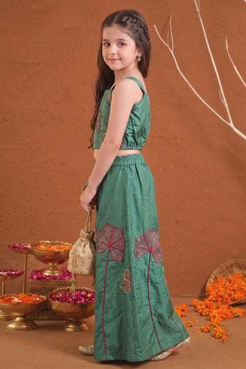 Girls Olive Silk Blend Embroidered Crop Top and Palazzo Ethnic Outfit Set