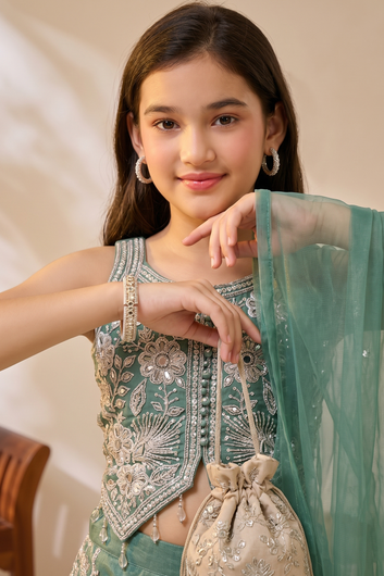 Girls Olive Silk Blend Sequin Bead Work Crop Top and Palazzo With Dupatta Set For Girls
