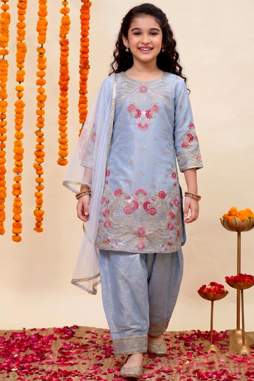 Girls Sky Blue Silk Blend Embroidered Kurta and Salwar with Dupatta Ethnic set