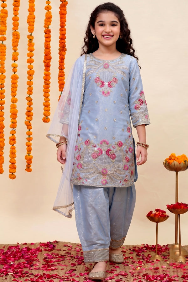 Girls Sky Blue Silk Blend Embroidered Kurta and Salwar with Dupatta Ethnic set