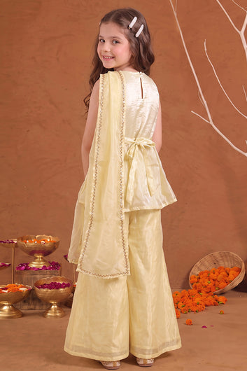 Girls Off white Embroidered Kurta and Palazzo With Dupatta Set For Ethnic Wear