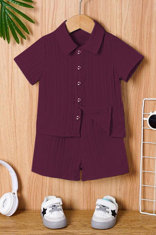 Boys Dark Purple Cotton Blend Striped Printed Shirt With Short Pant Set