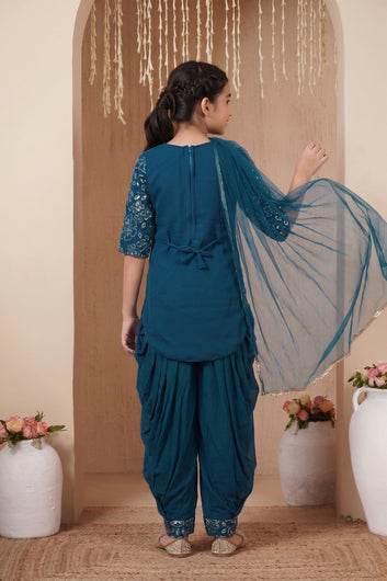 Girls Rama Silk Blend Sequin Embroidered Salwar Suit Set With Dupatta Trendy Kurta Set For Kids