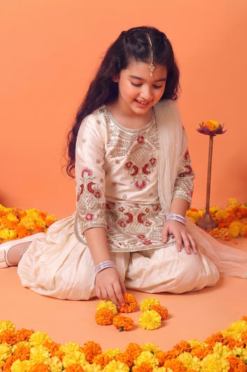 Girls White Silk Blend Floral Sequin Embroidered Kurta and Salwar Set with Dupatta