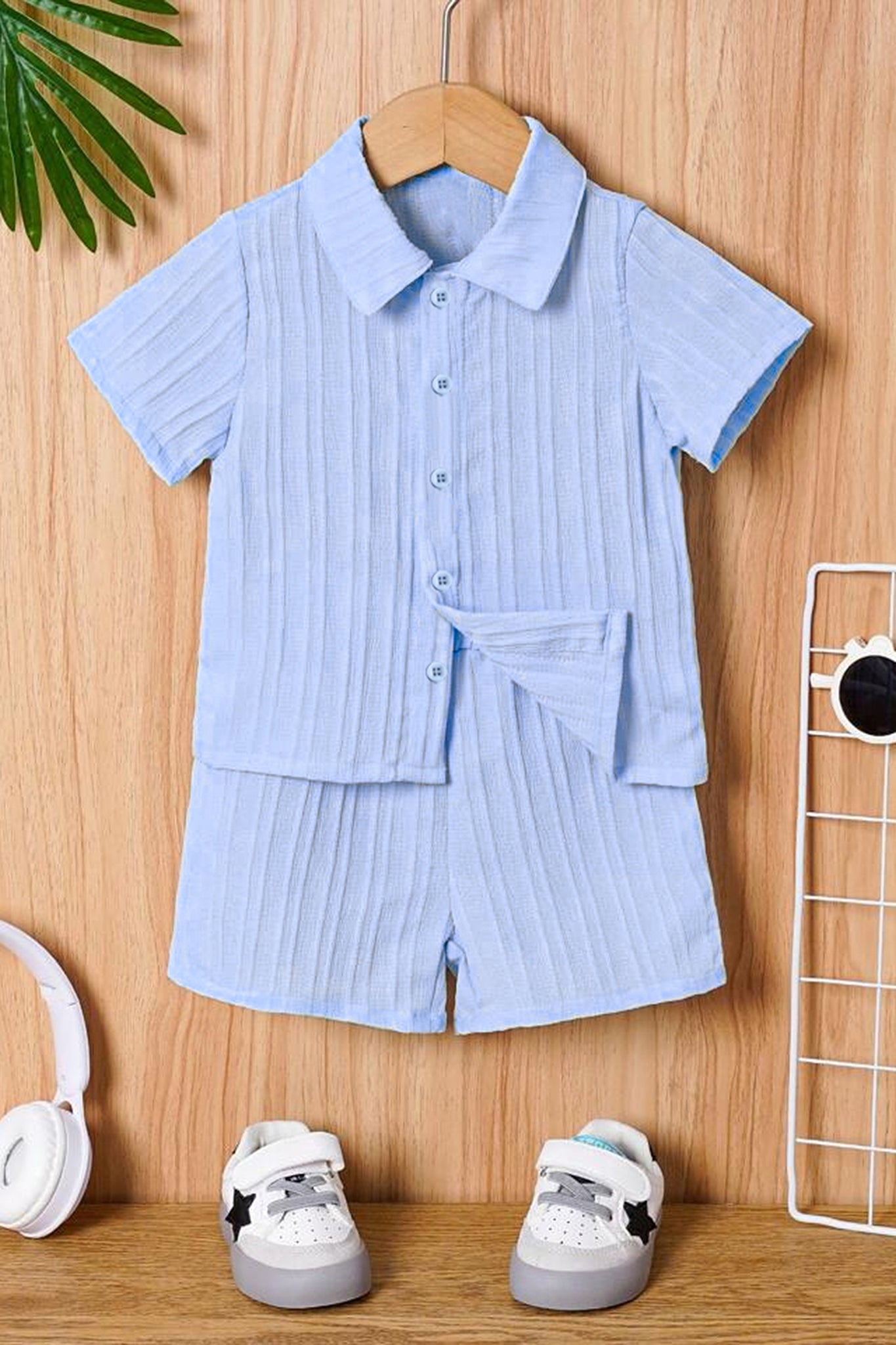 Boys Light Blue Cotton Blend Striped Printed Shirt With Short Pant Set