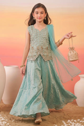Girls Olive Silk Blend Sequin Bead Work Crop Top and Palazzo With Dupatta Set For Ethnic Outfit