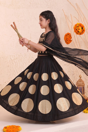 Girls Black Silk Blend Embellished Lehenga and Choli With Dupatta For Festive Wear
