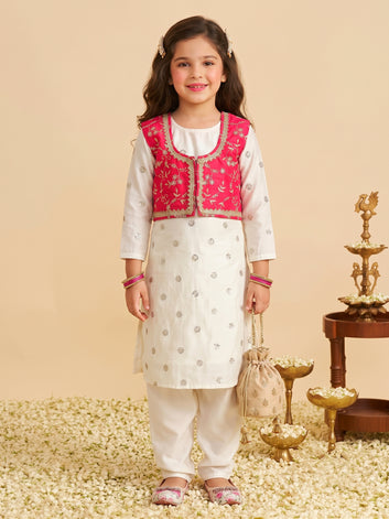 Girls Off White Silk Blend Embroidered Kurta with Koti and Pyjama Ethnic Set