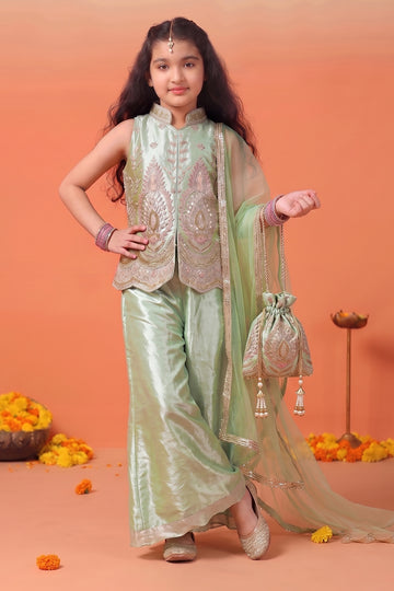Girls pista Silk Blend Bead work and Embroidered Top and Palazzo with Dupatta Ethnic Set