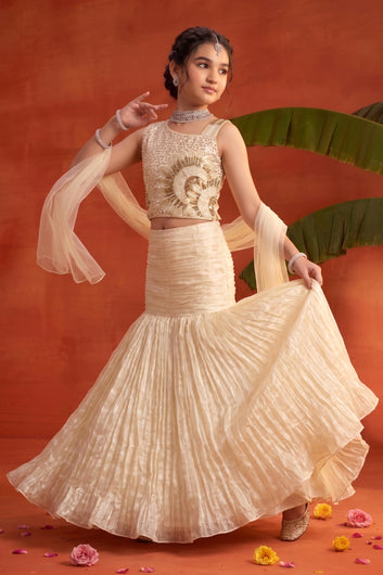 Girls White Silk Blend Fish Cut Lehenga With Bead Embroidered Sleeveless Choli with Dupatta