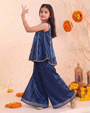 Girls Dark Blue Embroidered Top and Palazzo With Dupatta Set Ethnic outfit for girls