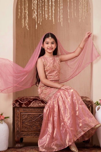 Girls Peach Silk Blend Bead Work Lehenga Coli With Dupatta Ethnic Set