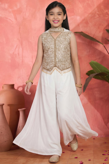 Girls Off White Georgette Crop Top And Palazzo With Dupatta For Trendy Look
