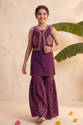Girls Purple Silk Blend Kurta and Sharara With Koti For Traditional Look