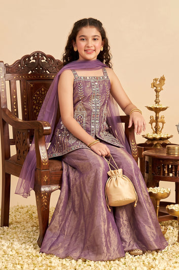 Girls-Purple Silk Blend Sequin Bead Work Top and Palazzo With Dupatta Set For Traditional Outfit
