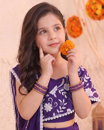 Girls Voilet Silk Blend Floral Embroidered Lehenga and Choli With Dupatta Ethnic Set For Festive Look