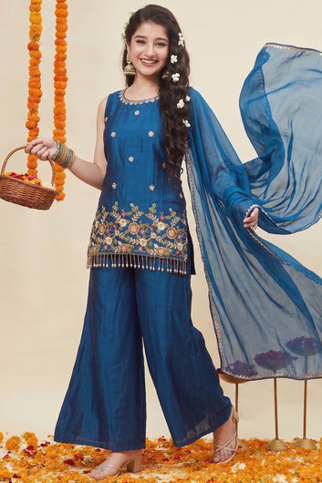 Girls Rust Silk Blend Embroidered Kurta and Palazzo With Dupatta Set For Party Wear