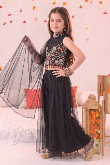Girls Black Silk Blend Floral Embroidery Crop Top and Flared Palazzo with Dupatta For Indo Western Look