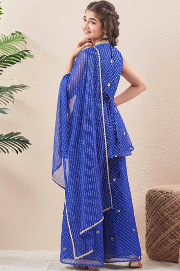 Girls Royal Blue Georgette Floral Embroidered Kurta and Palazzo with Dupatta Set For Girls