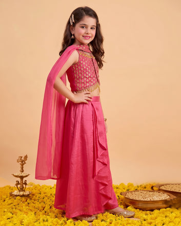 Girls Rani Embroidered Crop Top and Skirt With Dupatta For Festive wear