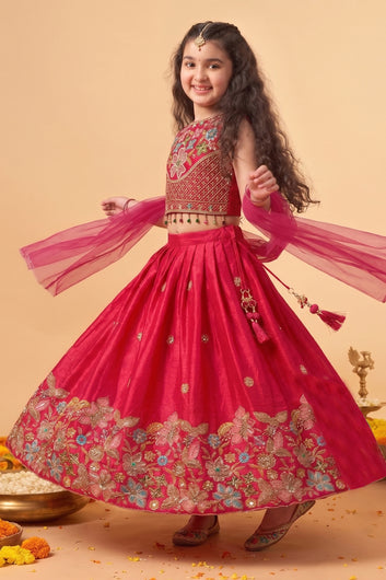 Girls Rani Silk Blend Embroidered Lehenga and Choli With Dupatta For Festive Look
