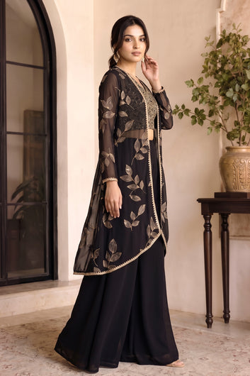 Women Black Georgette Crop Top and Palazzo With Shrug Set For Ethnic Wear