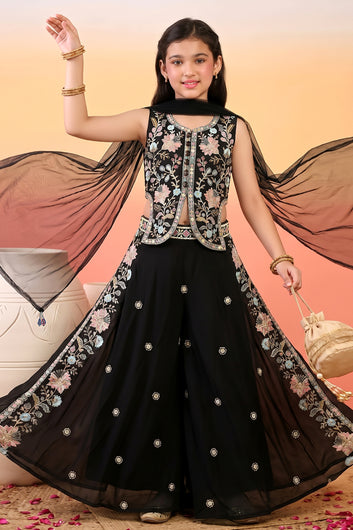 Girls Black Silk Blend Floral Sequin Embroidered Crop Top and Palazzo With Dupatta Set For Ethnic Look