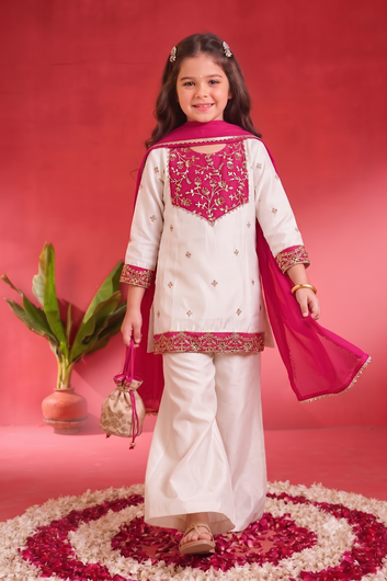 Girls Off White Roman Silk Embroidered Kurta Palazzo Dupatta Girls Ethnic Festive Wear Co Ord Set