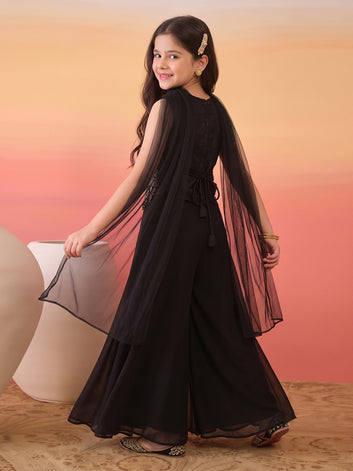 Girls Black Silk Blend Embroidered Crop Top and Palazzo with Dupatta Set For Festive Wear