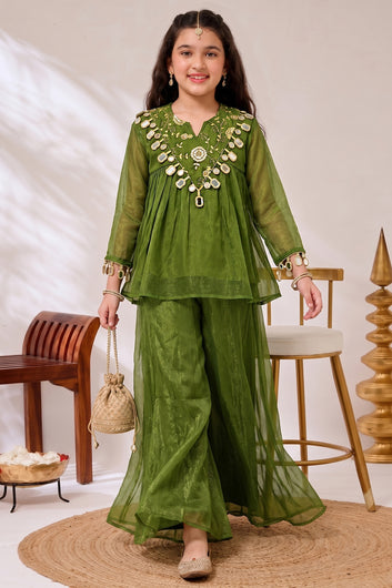 Girls Green Silk Blend Floral Embroidered Top and Palazzo For Stylish Look