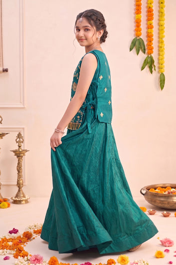 Girl's Rama Silk Blend Embroidered Sleeveless Top Style Choli and Inner Top with Flared Lehenga For Traditional Look