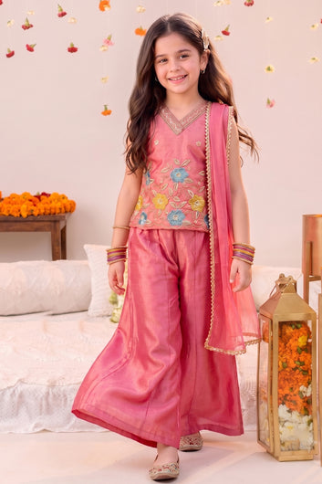 Girls Pink Silk Blend Floral Embroidery Top and Palazzo With Dupatta For Festive Wear
