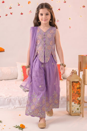 Girls Purple Silk Blend Embroidered Top and Palazzo With Dupatta Fusion Party Wear