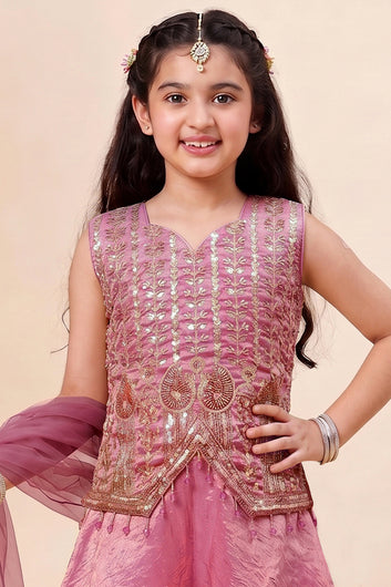 Girls Peach Silk Blend Bead Embroidery Top and Palazzo With Dupatta Ethnic Set