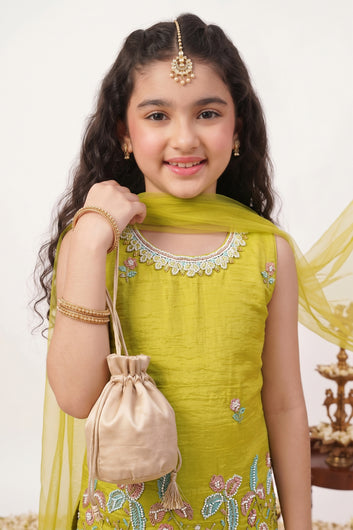 Girls Yellow Silk Blend Floral Embroidered Crop Top and Sharara With Dupatta Set For Trendy Look