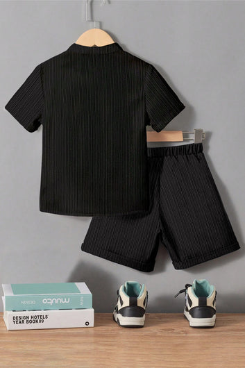 Boys Black Cotton Blend Self Design Shirt With Short Pant Set