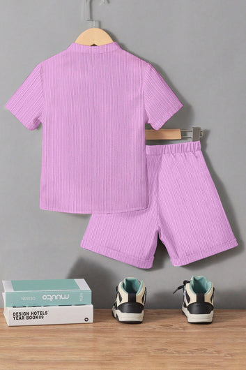 Boys Light Purple Cotton Blend Self Design Shirt With Short Pant Set