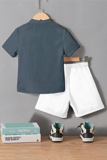 Boys Grey Cotton Blend Solid Shirt With Short Pant Set