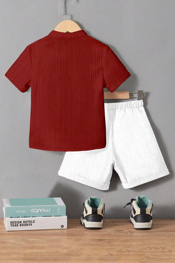 Boys Maroon Cotton Blend Solid Shirt With Short Pant Set