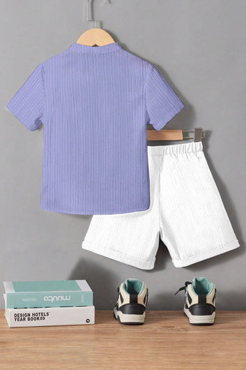 Boys Lavender Cotton Blend Self Design Shirt With Trouser Set