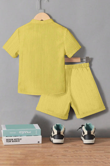 Boys Yellow Cotton Blend Self Design Shirt With Short Pant Set